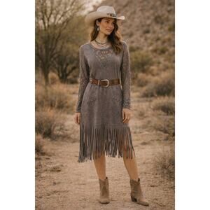 Pretty Angel Gray Linen Cotton Blend Fringe Western Boho Tunic Dress M/L